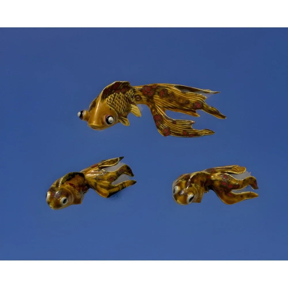 Set of 3 Koi Fish Ceramic Handcxrafted Gold Red Green Signed Irene Marosy